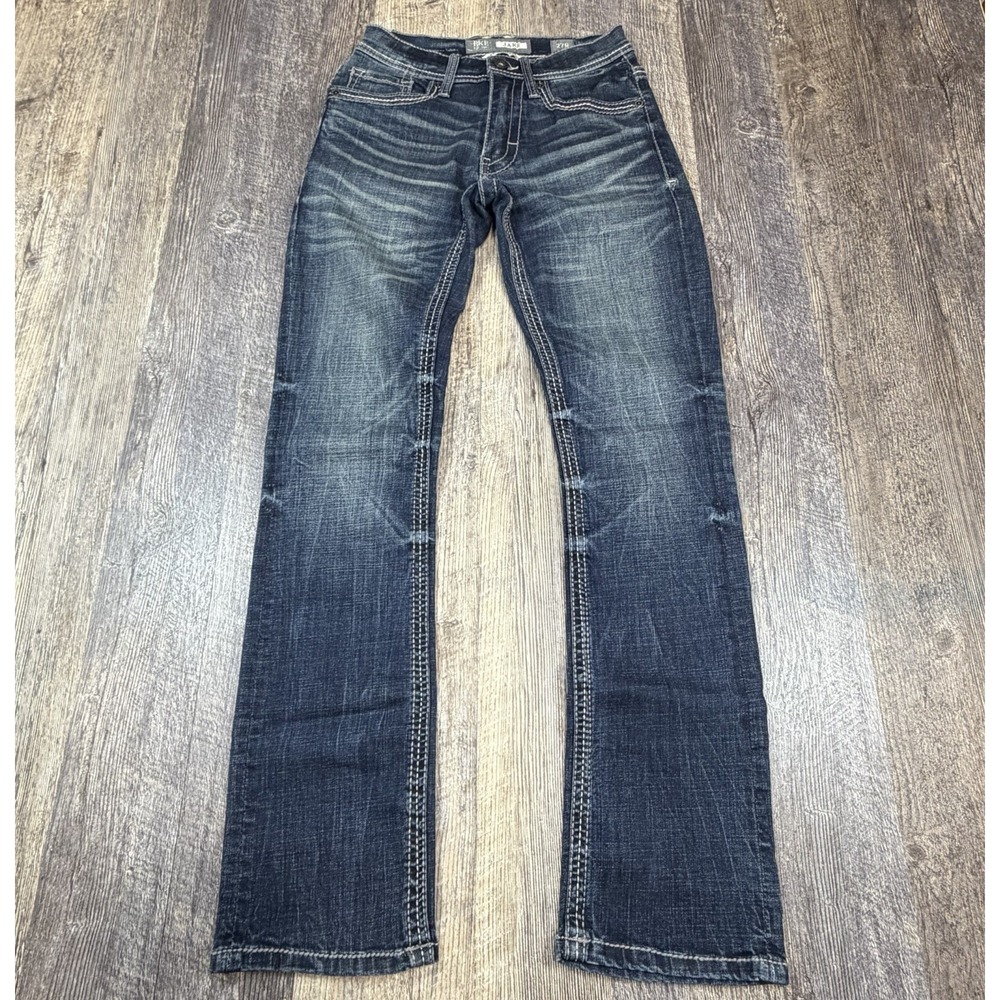 BKE Jake Straight Leg Jeans Womens 27R Dark Wash Stretch Denim Buckle Whiskered